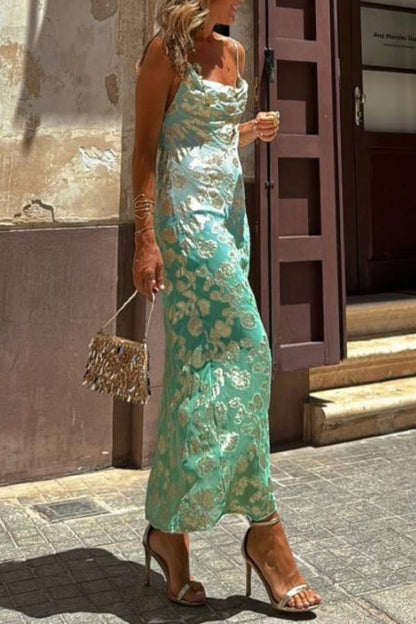 Xochitl® | Tie Dye Ombre Gold Floral Print Sexy Strap Maxi Dress