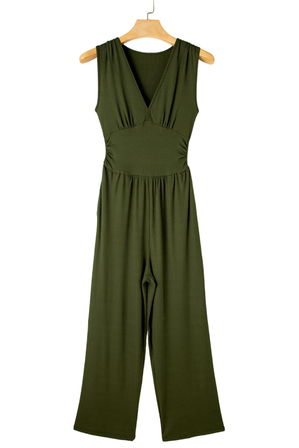 Zarina® | Moss green sleeveless ruffled wide leg V-neck jumpsuit