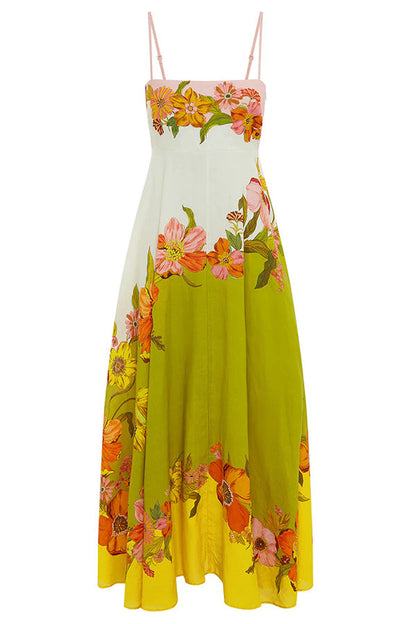 Zada® | Linen blend maxi dress with a contrast floral print at the back and smocked pockets