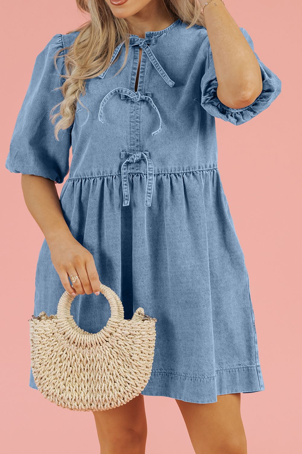 Soledad® | Half-sleeved denim dress with bow and round neckline