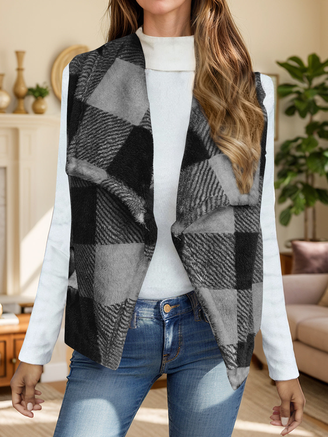 Yolanda® | Checked vest coat with an open front