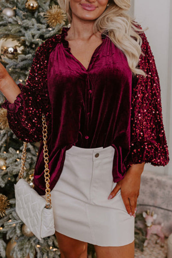 Natasha® | Velvet top with sequin patchwork sleeves and buttons