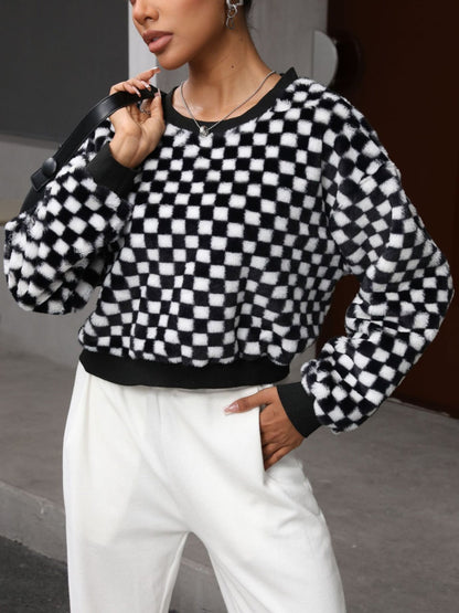 Tatjana® | Checked long-sleeved crew neck sweatshirt