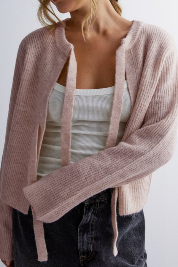 Purple® | Solid color, loose, long-sleeved knit cardigan with lace-up detail