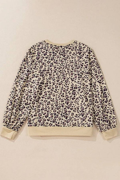 Persephone® | Patchwork leopard print long sleeve crew neck sweatshirt. Casual, loose sweatshirt