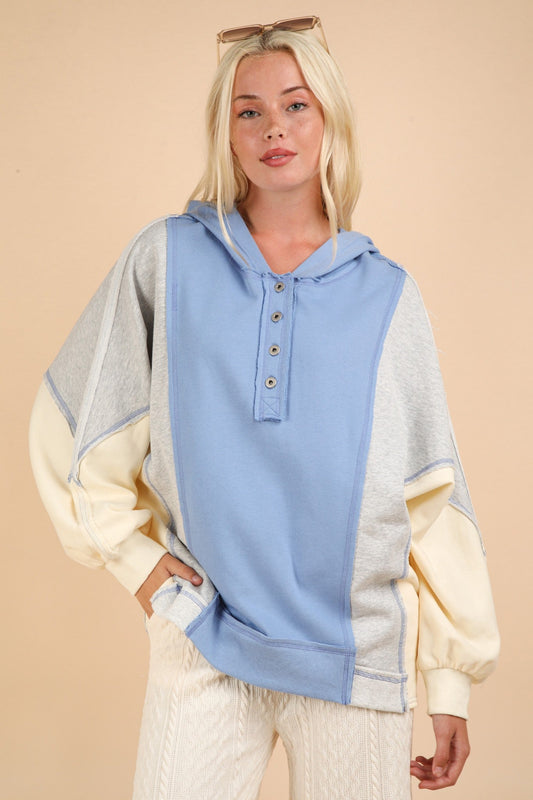 Pilar® | VERY J hoodie with exposed seams and color block half buttons