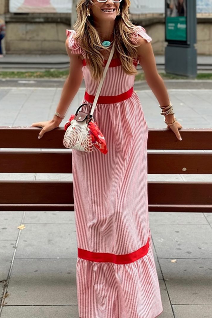 Stella® | Red and white vertical striped long dress with bow straps