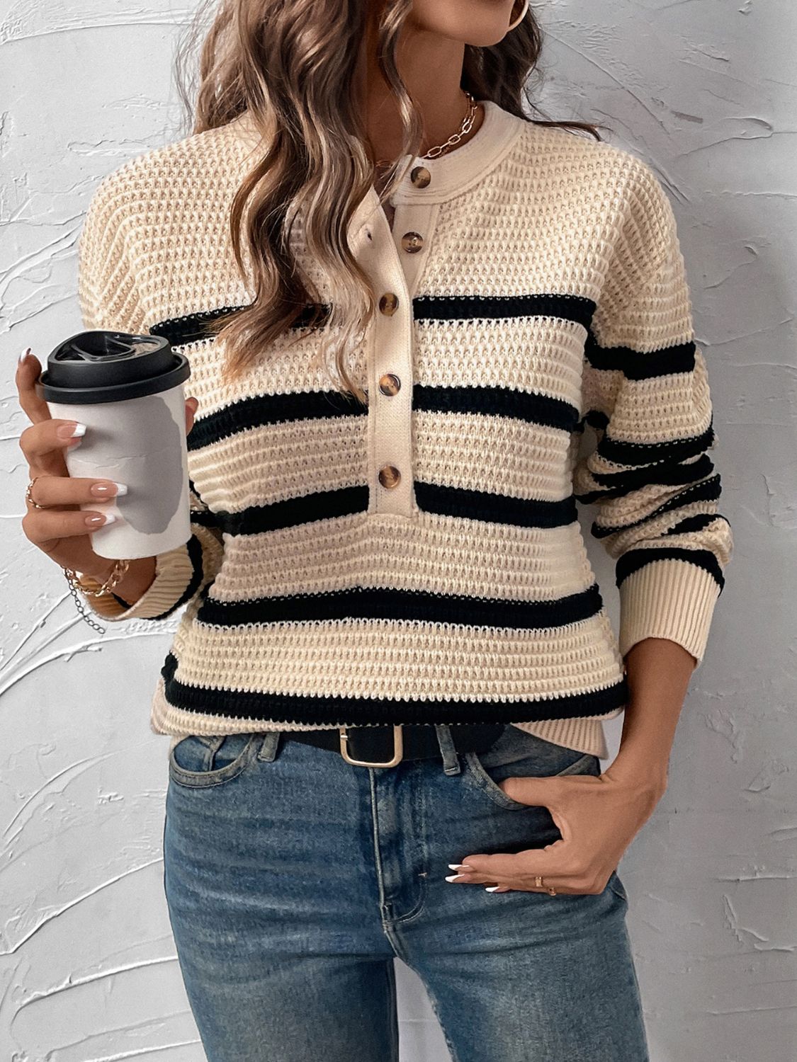 Verónica® | Perfee striped long sleeve sweater with half buttons