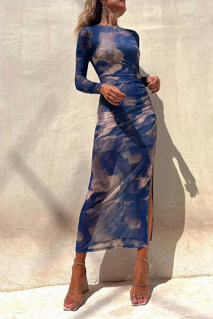 Taylor® | Charm Lady Mesh Overlay Tie Dye Print Long Sleeve Ruched Stretch Midi Dress