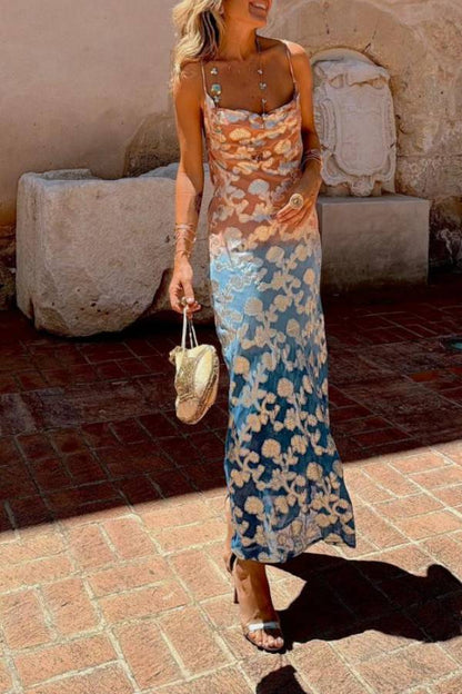 Xochitl® | Tie Dye Ombre Gold Floral Print Sexy Strap Maxi Dress