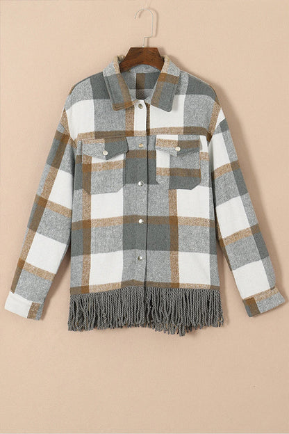 Nadia® | Checked shirt jacket with snap pocket and fringed hem