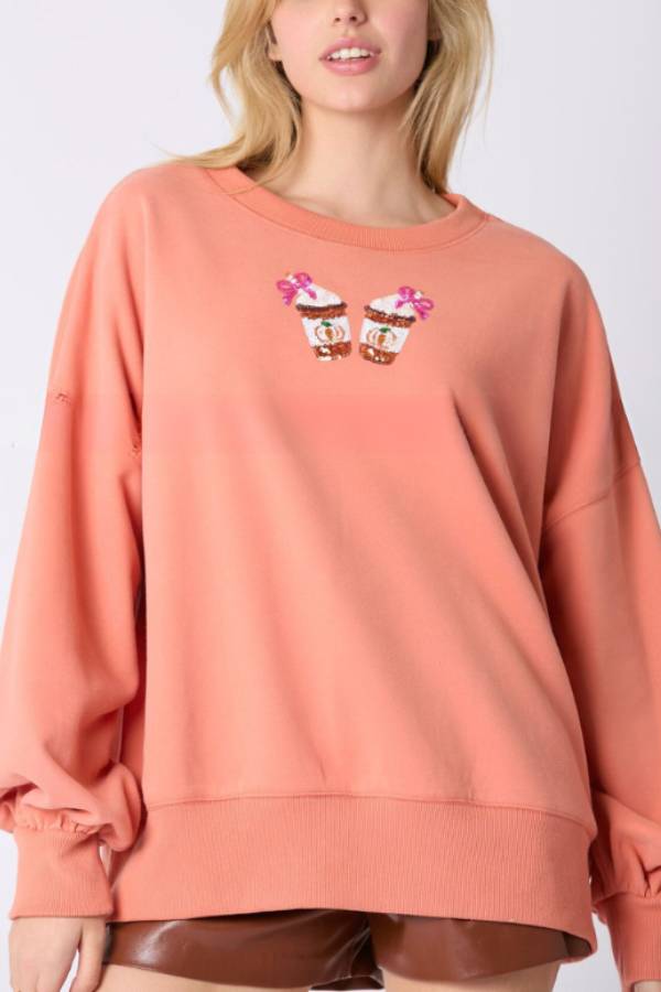 Tabatha® | Halloween coffee sequin top loose casual sweatshirt