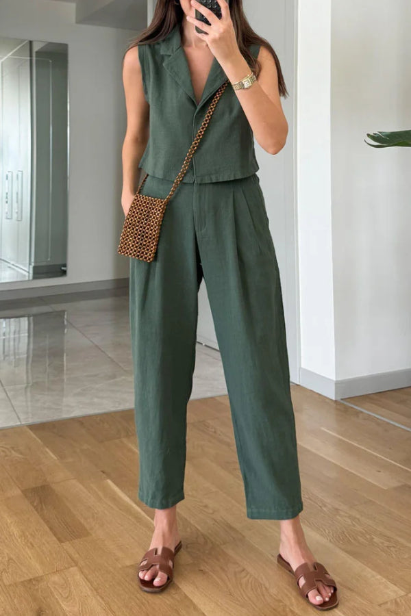 Zelma® | Casual solid color lapel vest and pants two piece set made of cotton linen