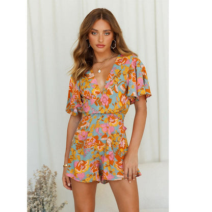 Susana® | Women's summer neckline short sleeve floral print casual jumpsuit