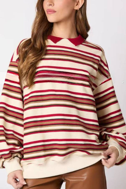 Sylvia® | Striped lapel long sleeve top, loose casual sweatshirt