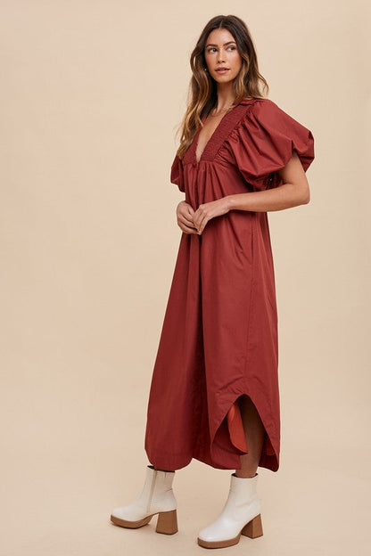 Phoebe® | Smocked midi dress with puff sleeves