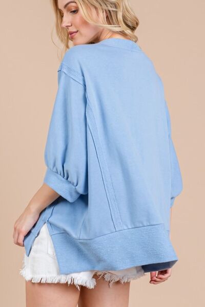 Paz® | Top with side slits and dropped shoulders and puff sleeves