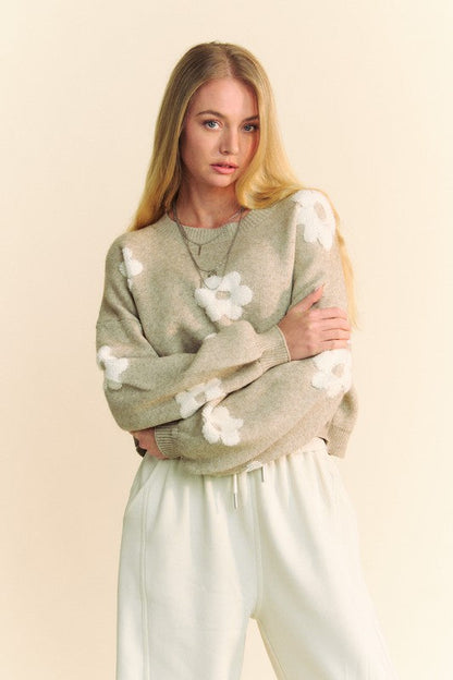 Verity® | Short sweater with a floral pattern and dropped shoulders