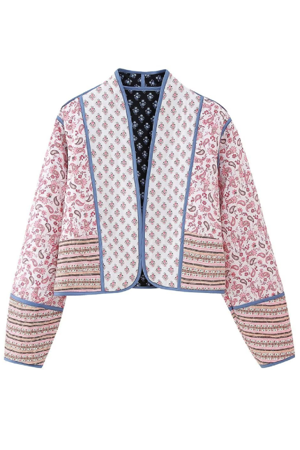 Xiomara® | Printed reversible quilted cardigan jacket with matching colored small cotton lined jacket