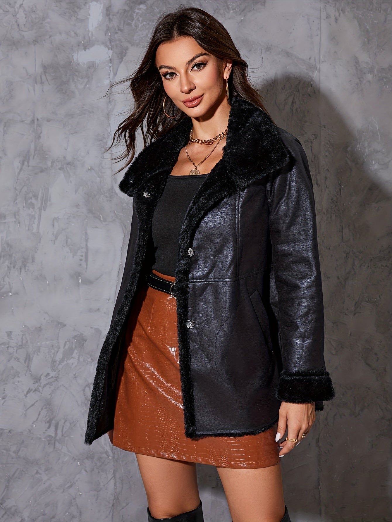 Paz® | Leather jacket with fluffy trim