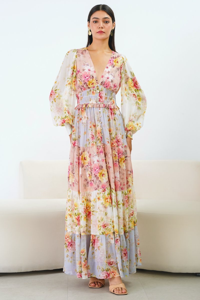 Trinidad® | Maxi dress with V-neck, printed with ruffles