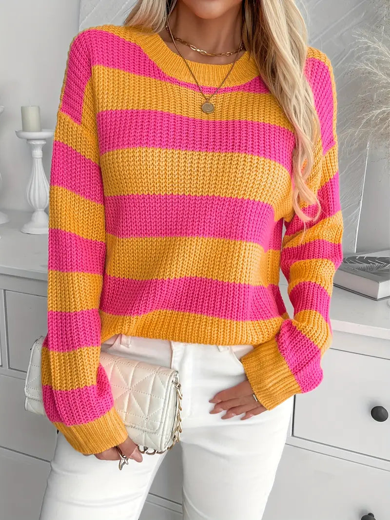 Yadira® | Casual striped knit sweater with color blocking and playful patterns