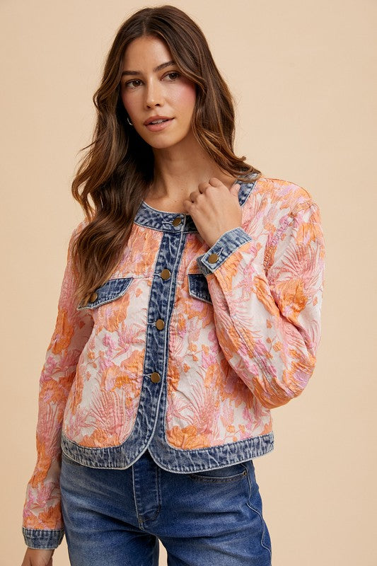 Thea® | Contrast button-down jacket in floral jacquard denim