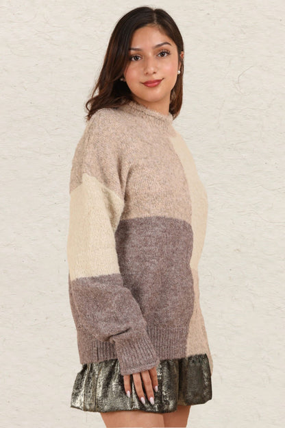 Alessa® | Color block sweater with a stand-up collar and dropped shoulders