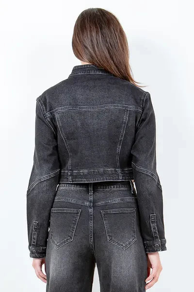 Zara® | Full size cropped rider denim jacket with oversized zip fastening