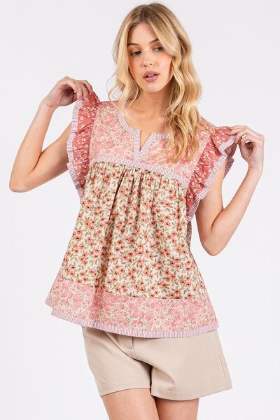 Yolanda® | Floral notched ruffled cap sleeve blouse