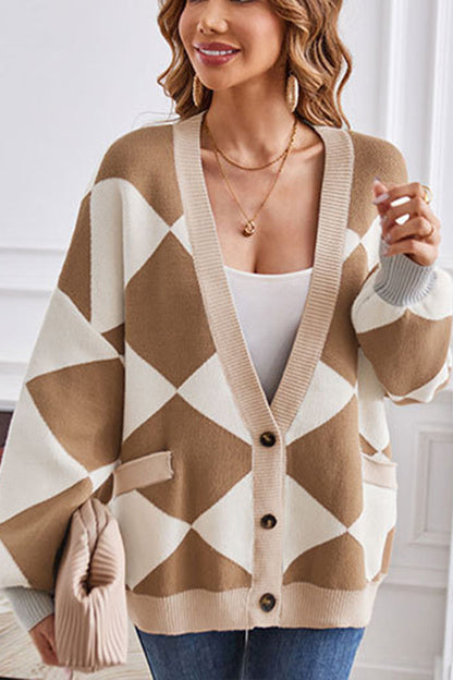 Verónica® | Casual loose V-neck geometric patchwork contrast cardigan