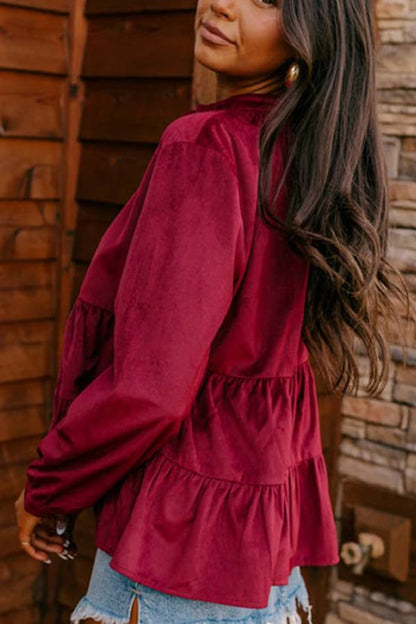 Stephanie® | Burgundy shirt with smocked ruffles and buttons