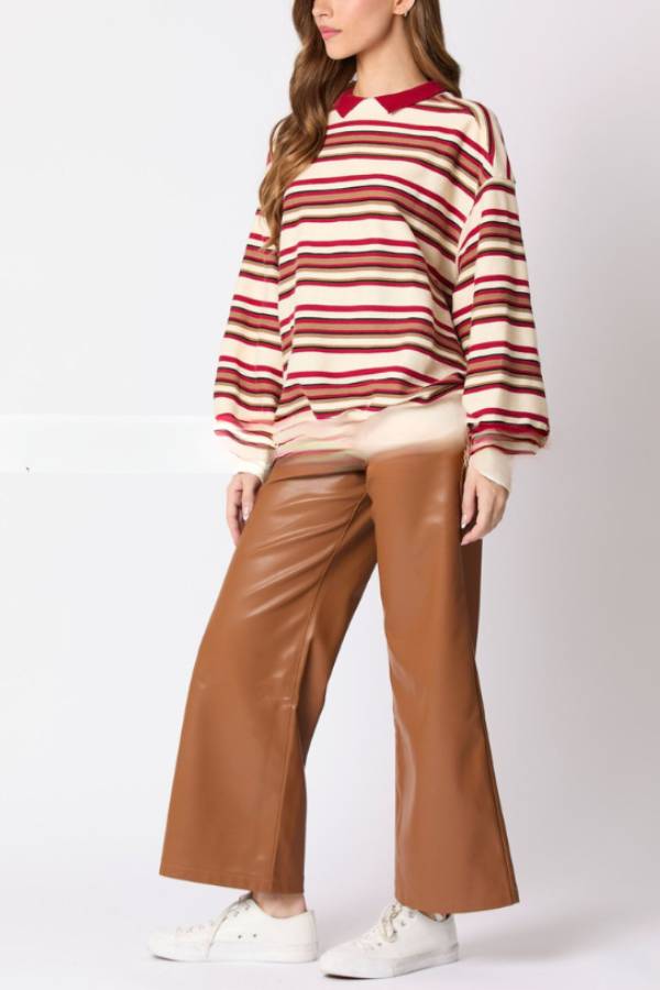 Sylvia® | Striped lapel long sleeve top, loose casual sweatshirt