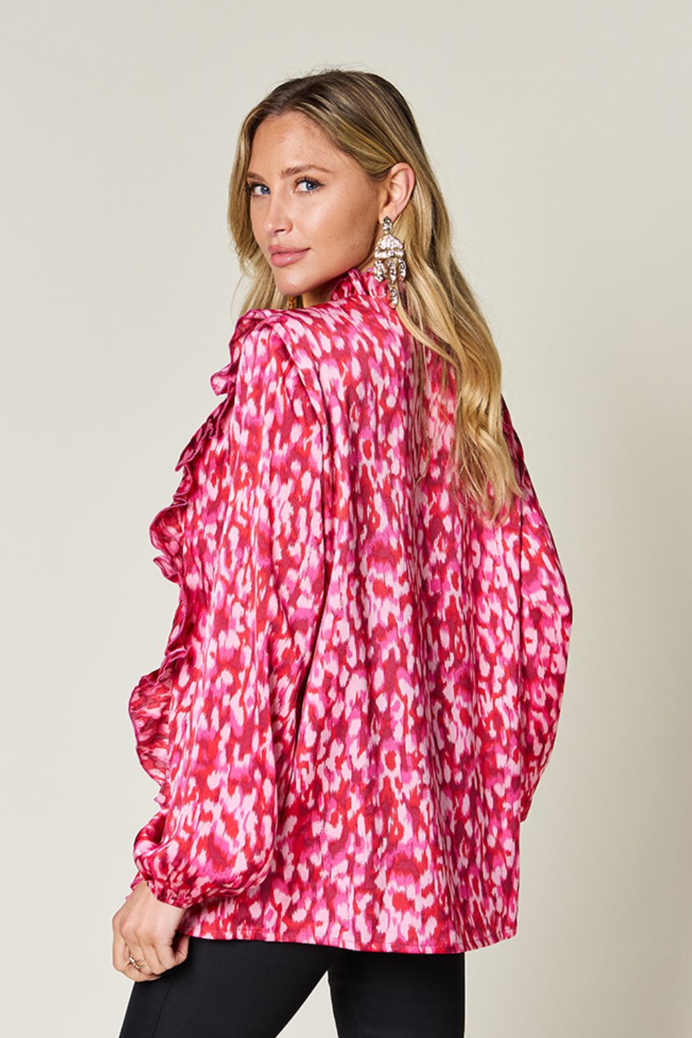 Susana® | Full size printed double take shirt with ruffle trim and balloon sleeves