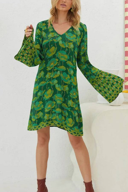 Xenia® | Green floral print V-neck dress with bell sleeves