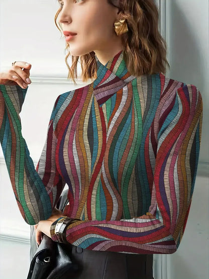 Wendy® | Multicolored long-sleeved top with stand-up collar