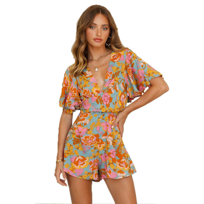 Susana® | Women's summer neckline short sleeve floral print casual jumpsuit