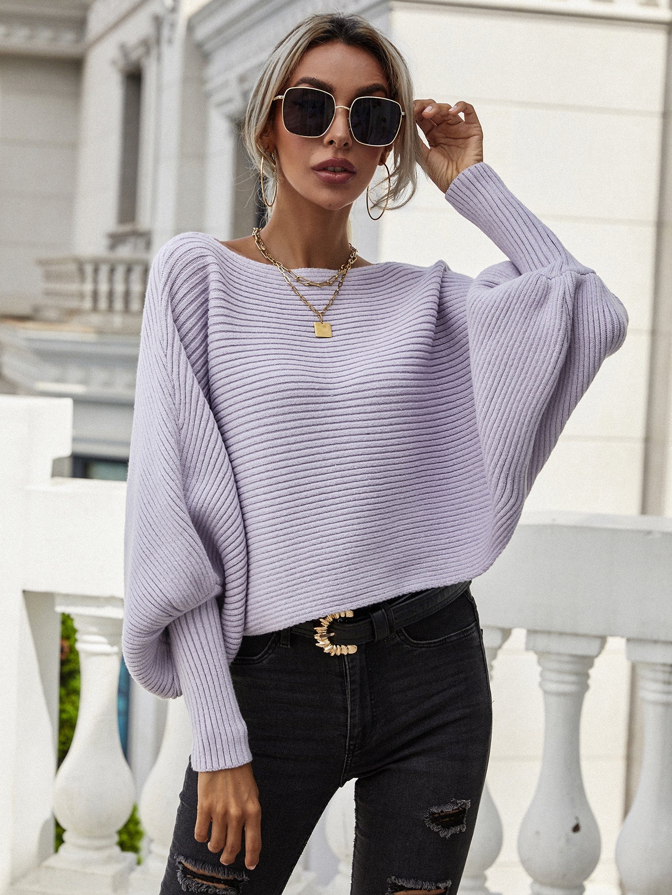 Wendy® | Woven right horizontal ribbed sweater with dolman sleeves