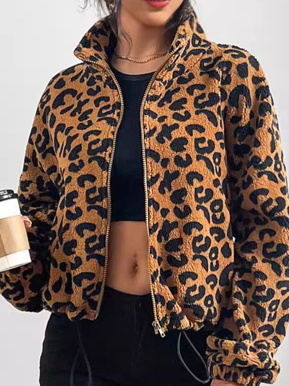 Waleska® | Leopard print long sleeve jacket with zip fastening