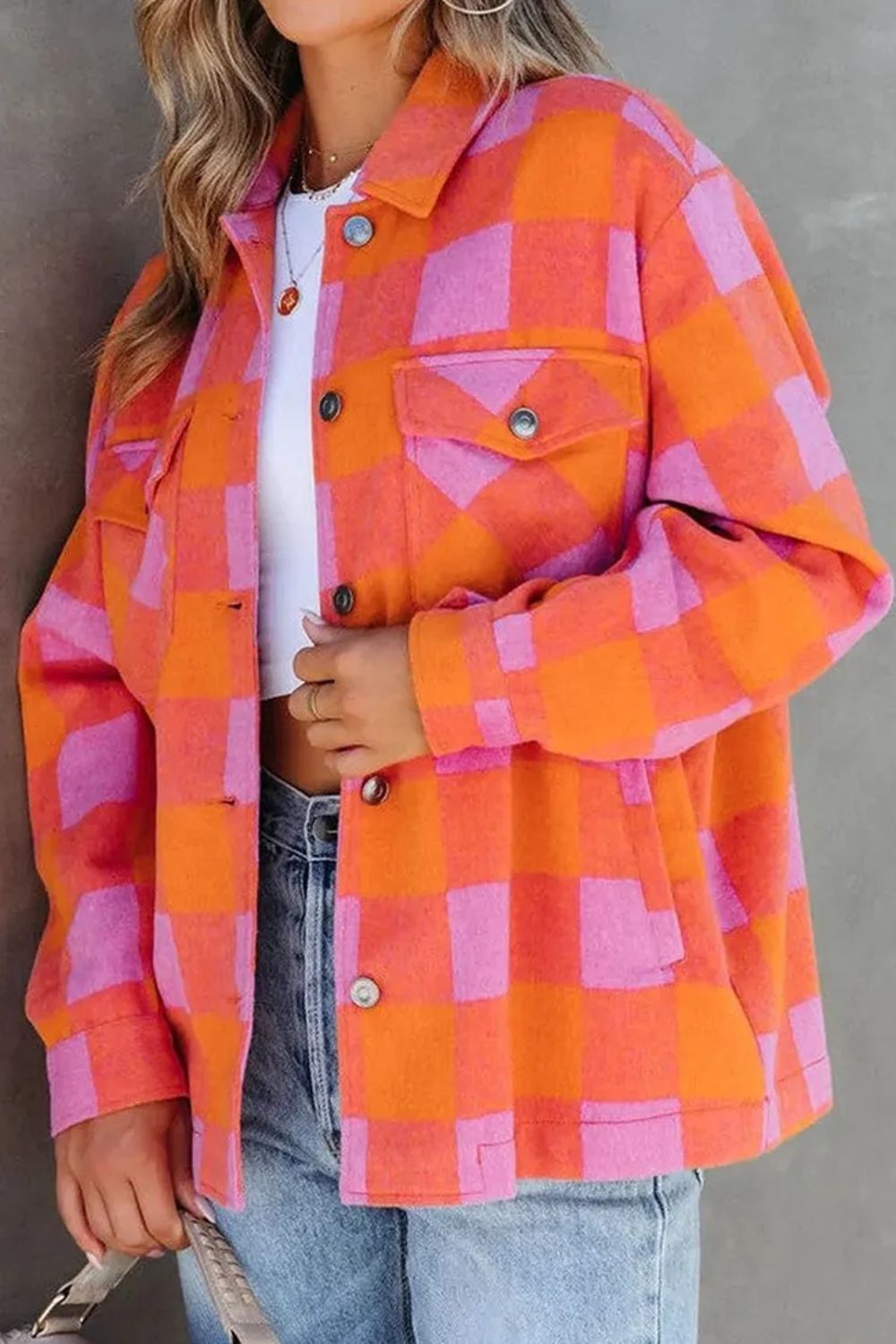 Adelina® | Long sleeve jacket with a color block check pattern and buttons