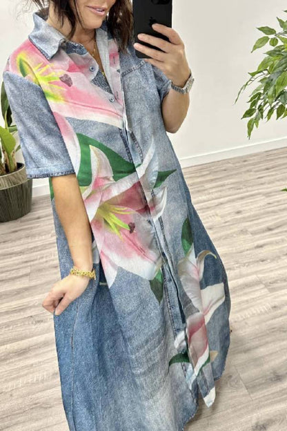 Silvia® | Orchid print shirt maxi dress with faux denim pockets