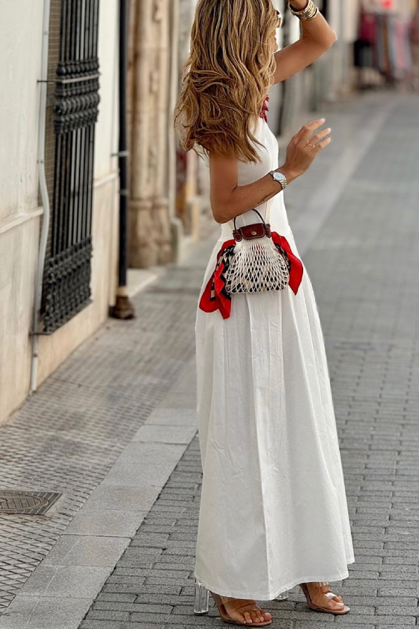 Tracey® | White, sleeveless, long dress with a crew neck and loose hem