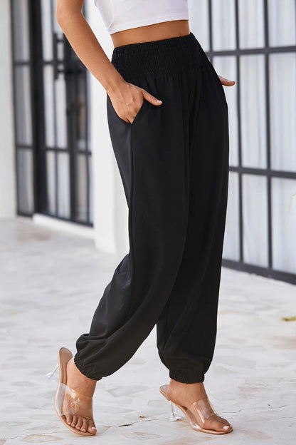 Teresa® | Black smocked high waist joggers with pockets