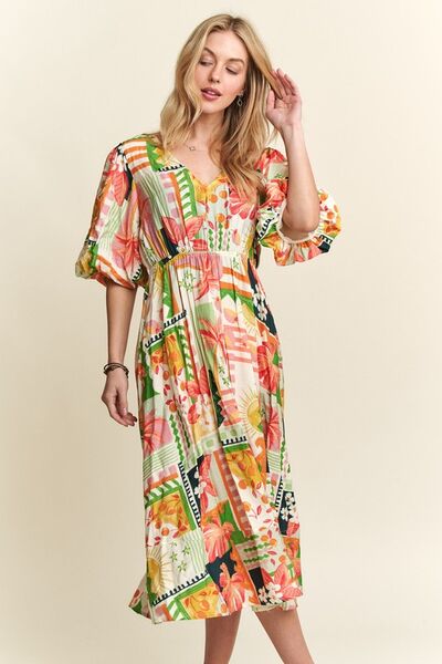 Tamara® | Floral midi dress with V-neck and puff sleeves