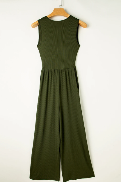 Zarina® | Moss green sleeveless ruffled wide leg V-neck jumpsuit