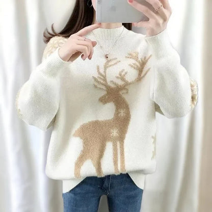 Agnieszka® | Women's warm knitted sweater with a deer and snowflake pattern and a crew neck