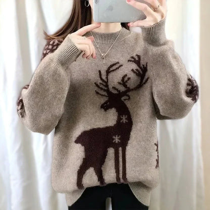 Agnieszka® | Women's warm knitted sweater with a deer and snowflake pattern and a crew neck