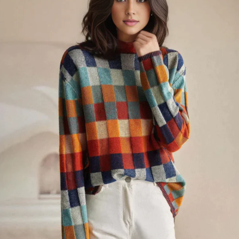 Wanda® | Colorful turtleneck sweater with patchwork knit pattern