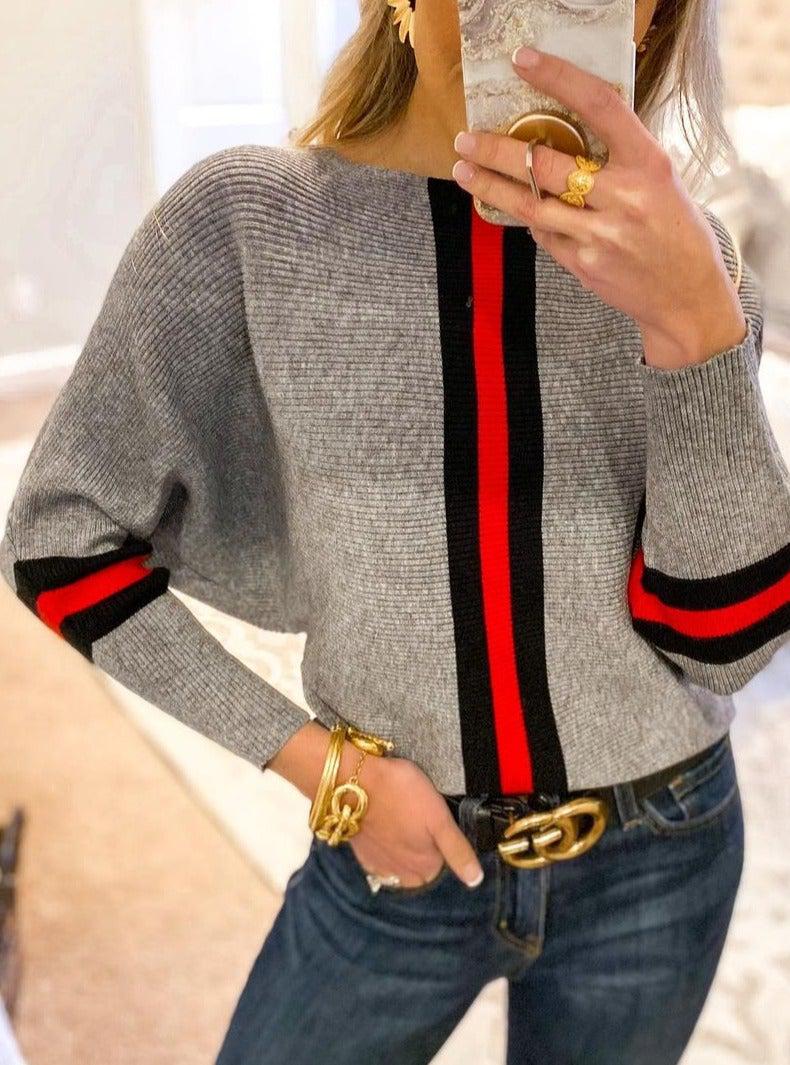 Ximena® | Boston Red Striped Gray Sweater