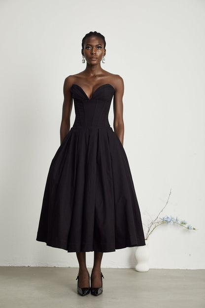 Trinidad® | Women's off-shoulder corset midi dress. Elegant evening look